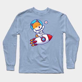 Cute Shiba Inu Dog Astronaut Riding Rocket Cartoon Long Sleeve T-Shirt